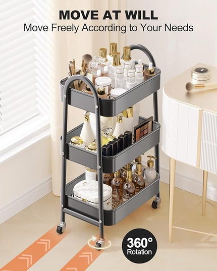 EAGMAK 3 Tier Rolling Cart, Large Metal Storage Cart with Handle and Lockable Wheels, Big Multifunctional Storage Organizer Trolley with Mesh Baskets for Kitchen, Living Room, Office, Garage (Black)