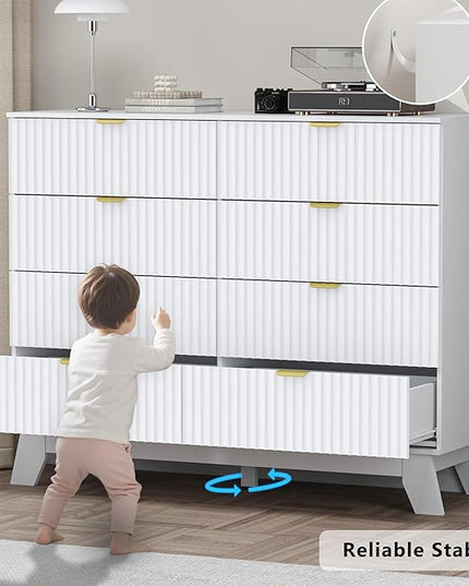 BORNOON Fluted 8 Drawer Tall Dresser, 47.2" Wide Modern Boho Chest of Drawers, Wooden Storage Dresser TV Stand for Bedroom, Living Room, Closet, Hallway, Curved Profile Design