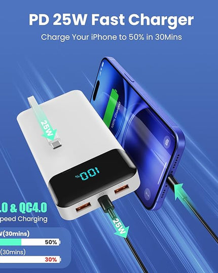 Portable Charger Power Bank 40800mAh with 3 Built-in Cables,25W Fast Phone Charging Portable Battery Pack,5 Outputs Travel Essentials Outdoor External Battery for iPhone 17/16,Galaxy Android etc-White