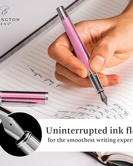 Ellington Pens Luxury Fountain Pen Set - Smooth Medium Nib - Includes 3 Ink Cartridges, Refillable Ink Converter, Gift Box - Fountain Pens For Writing, Calligraphy, Journaling, Sketching (Rosy Flair)