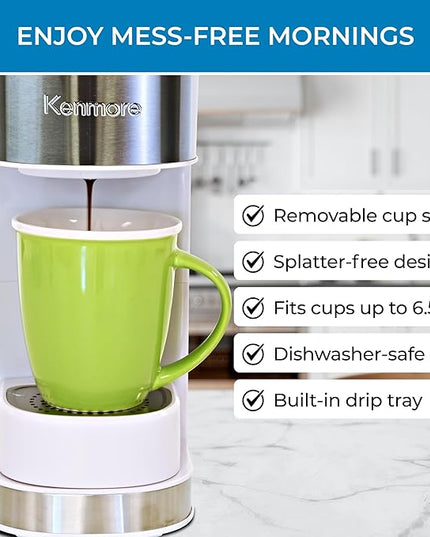 Kenmore Single Serve Coffee Maker – 6–14 Oz Brew Sizes, Compatible with Keurig K‑Cup Pods & Ground Coffee, One Cup Brewer, Travel Mug Friendly, Auto Shut‑Off, Hot & Iced maquina de cafe, White