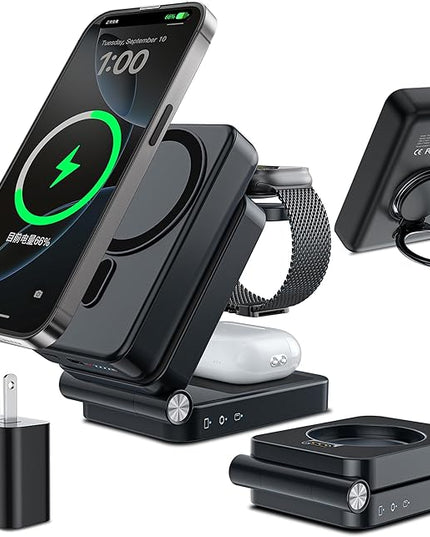 HUOTO 3 in 1 Foldable Magnetic Wireless for iPhone Charging Station,10000mAh Portable Charger Power Bank with Stand for MagSafe Battery Pack for iPhone 17/16/15/14/13/12 Series/Apple Watch/Air pods