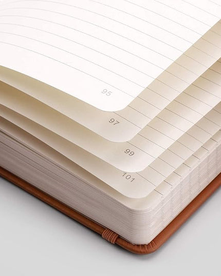 EMSHOI Lined Journal Notebook, 120 gsm Leather Hardcover with Sticky Notes & 256 Numbered A5 Pages – College Ruled Notebook for Writing, Work, School, Men, Women | 5.75”x8.38” – Brown