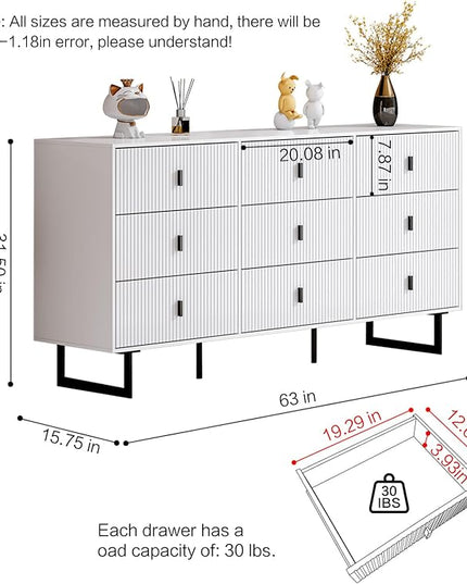 Chrangmay Modern Chest of Drawers with 9 Drawers,Deep Drawers,Clothes Organizer,Large Storage Cabinet for Living Room, Bedroom,Hallway,with Anti-Tipping Device, White
