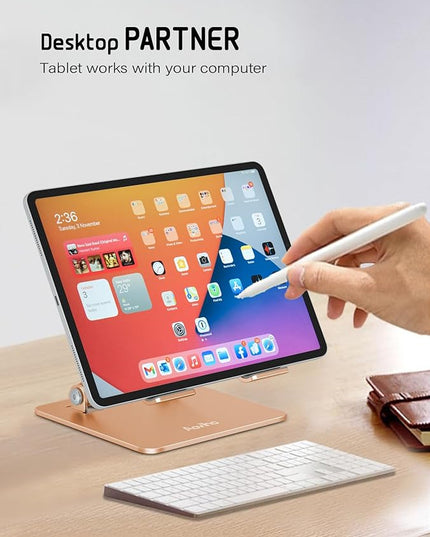 Tablet Stand Holder for Desk Adjustable Tablet Holder, Foldable Aluminum Desktop Tablet Holder for iPad Samsung Galaxy Tabs Amazon Kindle Fire,All Tablets 4-12 inch, Gold