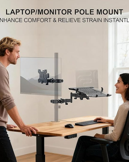 WALI Laptop Pole Mount, Adjustable Laptop Arm Holder Fits 10"-15.6" Laptops, 2-in-1 Full Motion Monitor Mount with Removable Tray, VESA 75x75 or 100x100 mm, Holds up to 15.4lbs(011ARMLPN), Black
