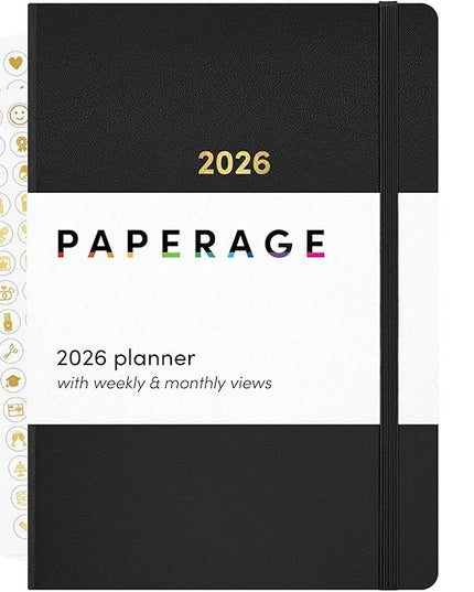PAPERAGE 2026 Weekly & Monthly Planner, 12 Months (January 2026 - December 2026), 5.6 in x 8 in, Hardcover 2026 Planner with Weekly & Monthly Spreads, Note Pages, Stickers & Back Pocket – Black