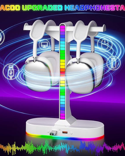 Cool RGB Headphone Stand with Charging Station - Sleek Dual Headset Holder, 3 USB Ports & 3.5mm Audio, 8 Light Modes | Ultimate Gaming Gift for Men, Boyfriend, Teen Boys - Modern White Design