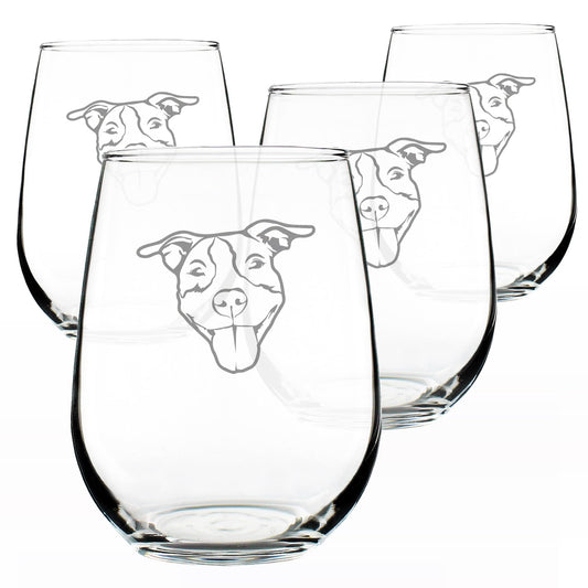 Bevvee Happy Pitbull Stemless Wine Glass for Dog Lovers - 17 oz - Set of 4