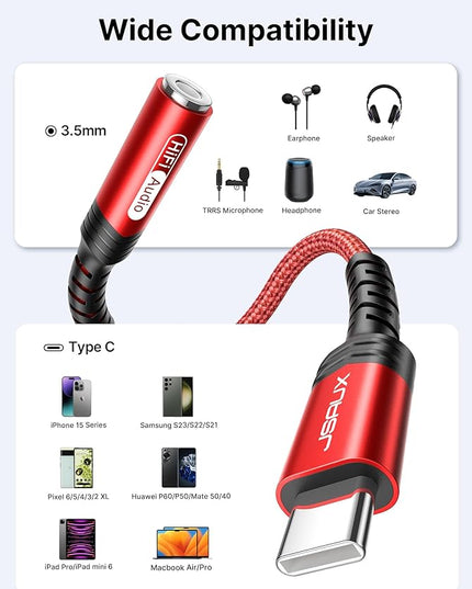JSAUX 2-Pack USB Type C to 3.5mm Female Headphone Jack Adapter, USB C to Aux Audio Dongle Cable Cord Compatible with iPhone 17 Pro Max/16 Pro/15 Plus/15, Samsung Galaxy S23/S22, iPad Pro, Pixel - Red
