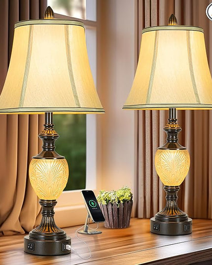 27'' High Vintage Table Lamp Set of 2 for Living Room Farmhouse Bedside Lamp with Fabric Shades Boho Nightstand Lamp with USB and Nightlight for Bedroom Home Office Hotel Bar (Bulb Included)
