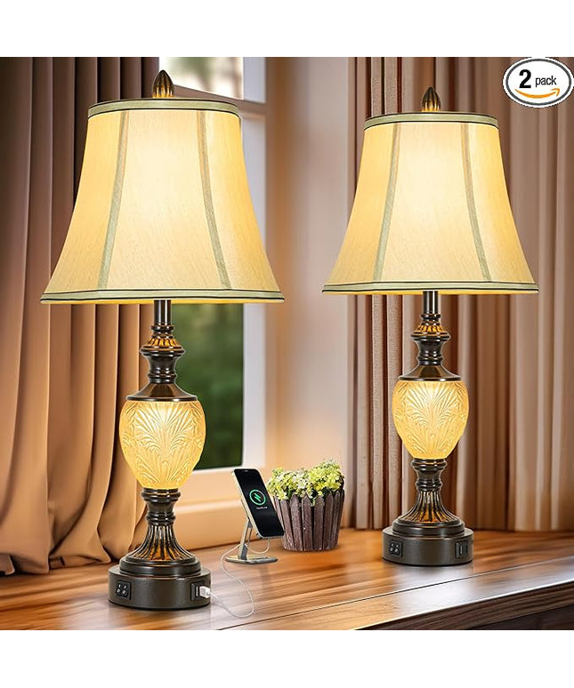 27'' High Vintage Table Lamp Set of 2 for Living Room Farmhouse Bedside Lamp with Fabric Shades Boho Nightstand Lamp with USB and Nightlight for Bedroom Home Office Hotel Bar (Bulb Included)