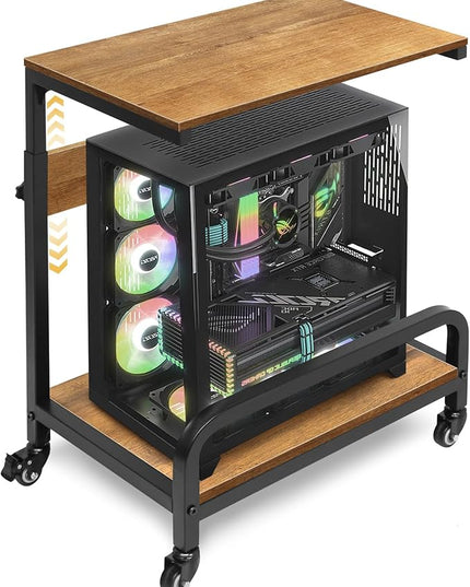 2-Tier Computer Tower Stand Adjustable, Gaming PC Floor Stand Large for ATX, E-ATX, ITX, Rolling PC Tower Cart with Guardrail, Metal Locking Wheels, 32.7" X 21.6" X 15.8",Walnut