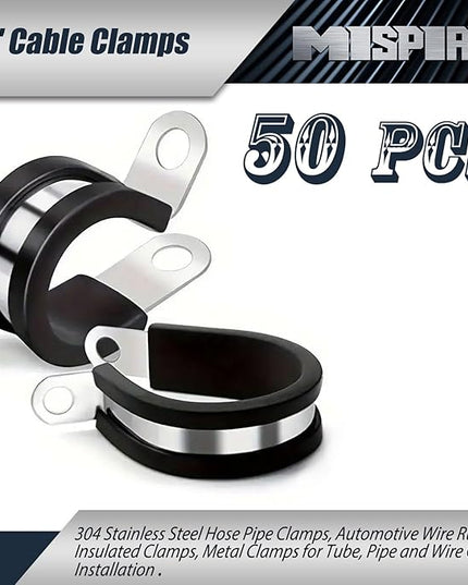 50 PCS 1 inch Cable Clamps, MISPIRE Stainless Steel Hose Pipe Clamps, Automotive Wire Rubber Insulated Clamps, Metal Clamps for Tube, Pipe and Wire Cord Installation