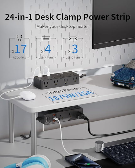 Dual Layer Desk Clamp Power Strip & Surge Protector: 17 Outlets + 7 USB (3 USB-C) Charging Station, Space-Saving Under Desk Organizer with 10ft Extension Cord, 1700J Protection (Black)