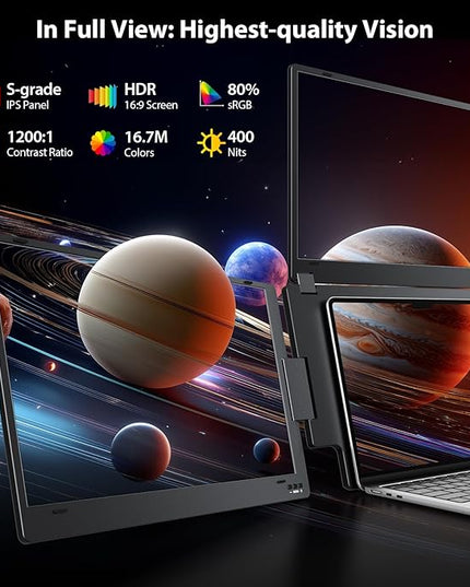Triple Screen Laptop Monitor Extender, Quad Monitor 15.6” FHD 1080P Portable Triple Monitors, 1 USB-C Connection for 4 Screens, Integrated Aluminum Alloy, Auto Rotation Top Display for 12–17.3” Laptop