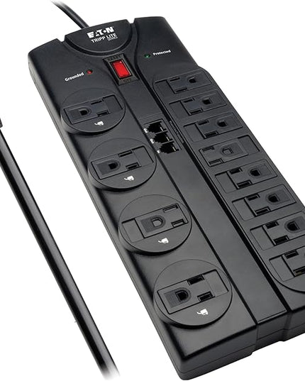 Eaton Tripp Lite TLP1208TEL Home Theater Surge Protector Power Strip, 12 Outlets, Flat Plug 8ft Extension Cord, 2160 Joules | RJ11 Port for Phone Land Line Protection