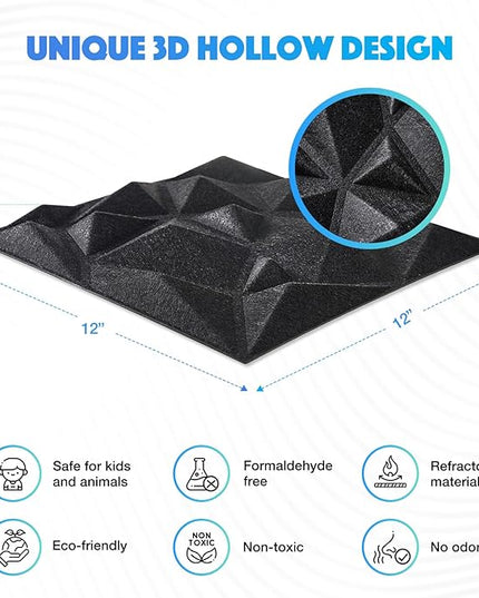 Acoustic 3D Wall Panels,24 Pack Sound Proof Felt Panels for Interior Wall Décor, Hollow Sound Absorbing Panel for Studio, Living Room, Home, Hotel, 12''x12'' Cover 24 sq ft (Black, 24 Pack)