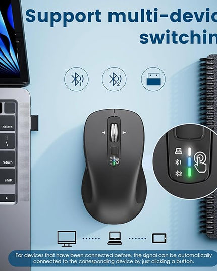 Wireless Bluetooth Mouse (USB + BT1 + BT2), Full Size Mouse, 4-Way Scrolling, Multi-Device Silent for Computer, Laptop, iPad, MacBook (Grey)