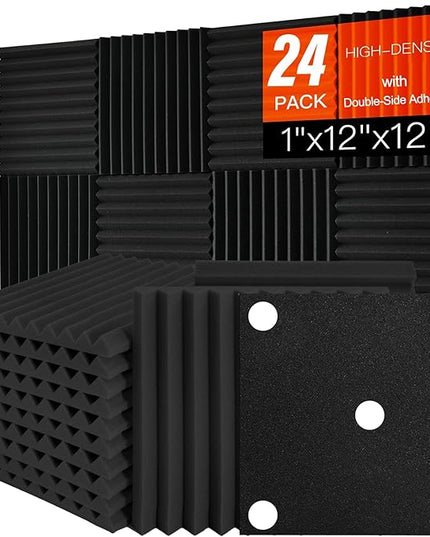 24 Pack Acoustic Foam Panels 1" x 12" x 12" Sound Proof Foam Panles Saiqiang Soundproofing Noise Absorbing Wedge Black Panels for Wall Studio Foams with Double-Side Adhesive