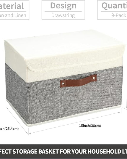 9 Pack Decorative Storage Bins Containers & Fabric Bins with Lids Storage Baskets for Shelves Drawers, Desktop, Closet, Playroom, Classroom, Office, Bedroom, Home, Garage (white/grey, 14.9X10X10)
