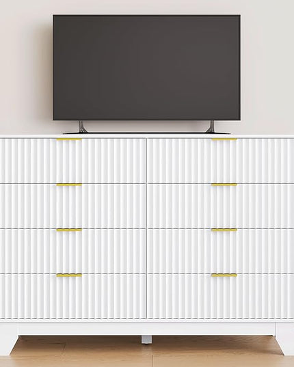 Fluted Dresser for Bedroom, 8 Drawer Dressers & Chest of Drawers, Mid Century Modern Dresser for Closet Boho Bedroom Furniture, Nature Wood Chest of Drawers Storage Organizer for Living Room, White