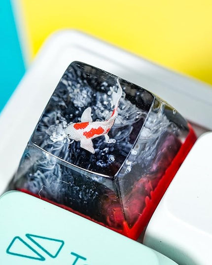 Koi Fish Artisan Keycap Red Black Coral Reef R1 SA Profile Custom Keycaps 1U ESC Handmade Gaming Resin Key Cap Cherry MX Switch Compatible Mechanical Keyboard Koi Lover Gift