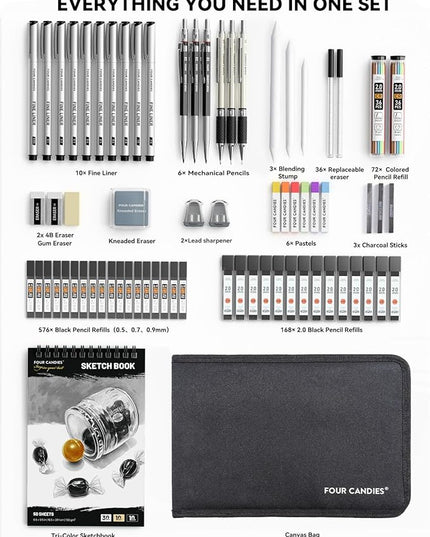 Four Candies 73PCS Advanced Art Supplies Drawing Kit with Fineliner Pens, Mechanical Pencils, 3-Color Sketchbook, Charcoal Sticks,Pastels for Sketching Drawing Comics Gifts for Professionals Artists