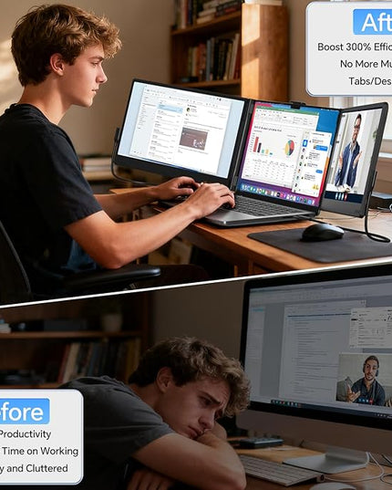 FEZOBR Laptop Screen Extender, 14'' FHD 1080P IPS Portable Monitor for Laptop, Triple Screen Extender Monitor Plug-Play for Mac/Windows/Chrome, Fit 13”-17.3” Laptops