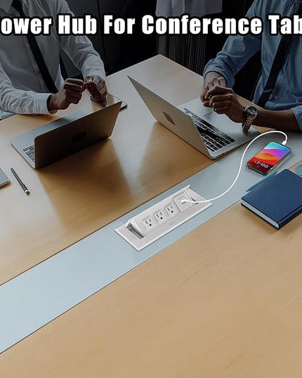 Power Hub for Conference Table PD20W USB-C Fast Charging Pop Up Power Strip with 3AC Outlets Connection Box for Conference Room Kitchen Countertop, White