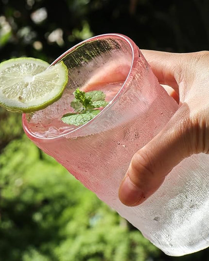 TOSSOW Drinking Glasses, Glassware Sets of 2, Mixed Drinking Glacier Pattern 12 oz Glass Cups Decoration for Wine, Beer, Juice,milk, coffee, Mojito and Cocktail(Pink)