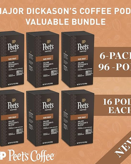 Peet's Major Dickason's Blend Pod – 96 Count (6 Packs of 16) – Dark Roast with Bold, Rich Flavor and Smooth Finish – Compatible with Pelecom Coffee Machines – Peet’s Coffee Pods & Capsules