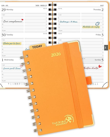 POPRUN 2026 Planner (Pocket Size 4''x 6.25'' Wire-Bond Hard Cover) Calendar Weekly and Monthly (Jan.2026-Dec.2026) Small Planner with Hourly Time Slots, for Purse, 100 GSM - Orange