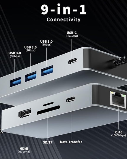 USB C Hub, 9 in 1 USB C to 4K@60HZ HDMI Multiport Adapter, RJ45 Gigabit Ethernet, 3 USB 3.0 Ports, SD/TF Card Reader, PD 100W, Desigend for MacBook Pro Air HP XPS and Other Type C Devices