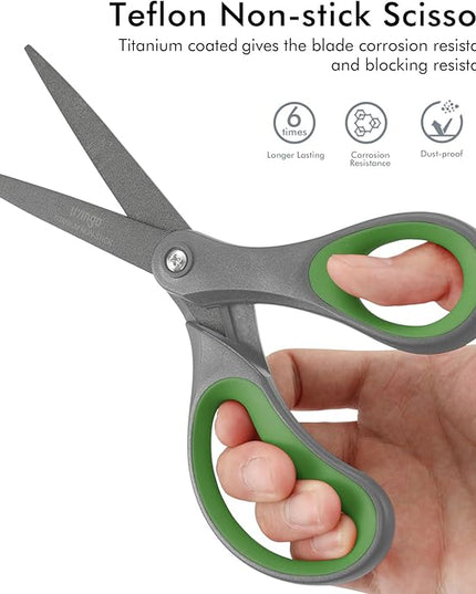 LIVINGO Sharp Scissors All Purpose - 2 Pack 8 Inch Titanium Coated Non Stick Steel Shears Heavy Duty for Office Home School Sewing Crafting Cutting Paper Fabric, Comfortable Grip (Gray & Green)