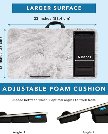 LAPGEAR Extra Large Adjustable Lap Desk – Fits Laptops up to 17.3”, Adjustable Cushion, Memory Foam Wrist Rest, Mouse Pad, Device Ledge, & Phone Slot – White Marble - Style No. 88101