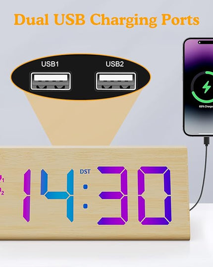 Wooden Digital Alarm Clock with Dual USB Charging Ports, DST, Dimmable, Snooze, RGB Colors, Modern Large Time Display LED Clock for Kids Bedrooms, Living Room, Desk,Table, Bedside,Nightstand (Bamboo)