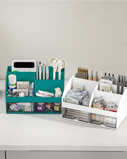 Desk Organizer with 6 Compartments and 2 Drawers, Plastic Makeup Organizer, Pen Holder for Desktop Storage, Desk Organization for School, Home, Office Supplies (Dark Green)