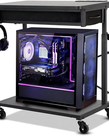 FAHKNS 2-Tier Computer Tower Stand - Computer Tower Floor Stand，PC Tower Stand with Power Outlet & Lockable Wheels，PC Holder for Office/Home/Studio/Game Room