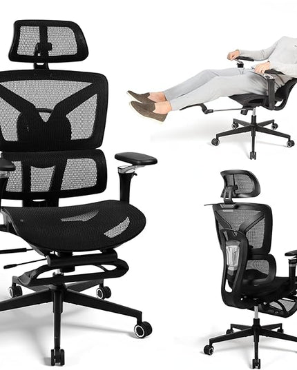 Big and Tall Ergonomic Office Chair with Footrest, 5D Adjustable Armrests, Lumbar Support, Mesh Reclining Swivel Chair for Home Office or Gaming, Adjustable Seat Depth, S3 Elite Pro Black