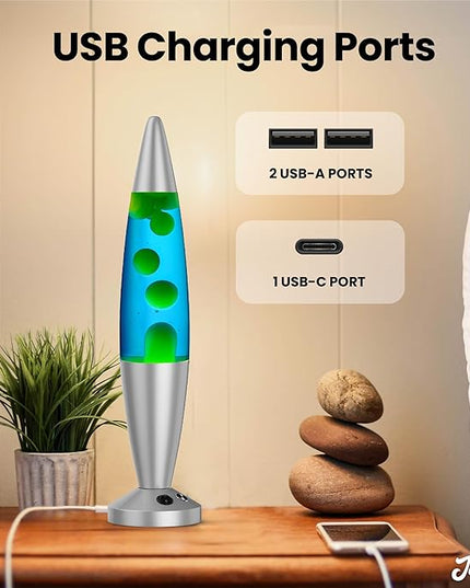 JAMBO 16-Inch Beautiful Lamp with Wax, Relaxing Night Light Home Decor, Extra Tall, Living Room Office Bedroom Lamp for Adults, Teens, Kids (USB, Auto Shut Off, Silver Base, Blue Liquid, Yellow Wax)