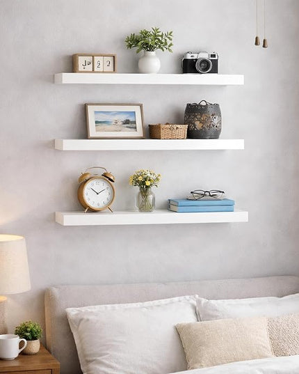 BAYKA White Floating Shelves for Wall, 22.5 inches Wall Mounted Rustic Wood Shelves for Bathroom, Bedroom, Living Room, Floating Shelves for Books/Storage/Decor (Set of 3)