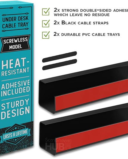 No-Screw Under Desk Cable Management Tray - Self-Adhesive Installation, Cord Management, Cable Tray, Under Desk Wire Organizer - Black Set of 2