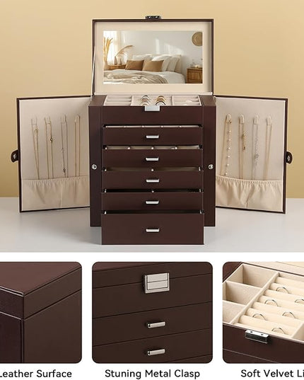 Frebeauty Large Jewelry Box,6-Tier PU Leather Jewelry Organizer,Multi-functional Storage Case with Mirror,Accessories Holder with 5 Drawers for Necklace Bracelets Watches(Dark Brown)