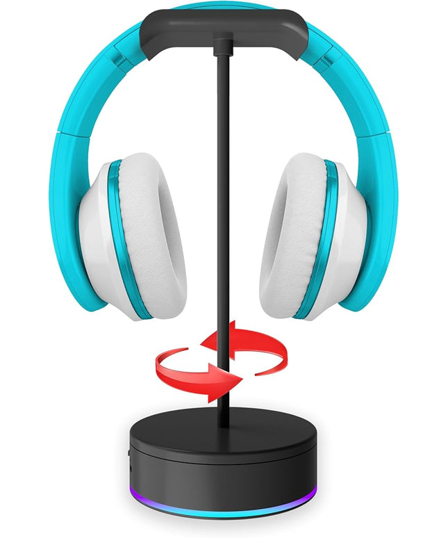 Rotating Headphone Display Stand for Desk with LED Lights - Spinning Gaming Headset Stand (Black)
