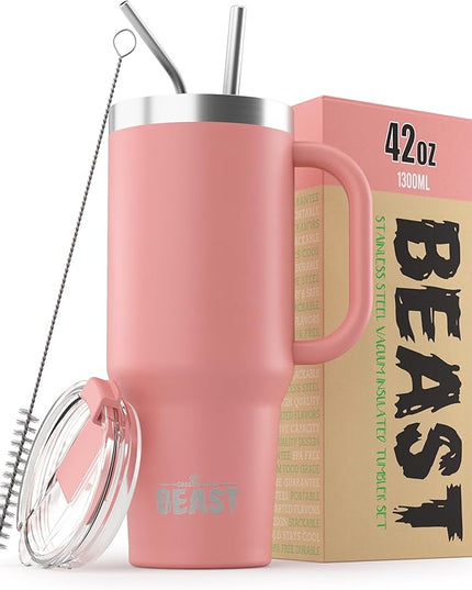 Beast 42 oz Tumbler with Handle Stainless Steel Vacuum Insulated Coffee Ice Cup Double Wall Travel Flask (Blossom Pink)