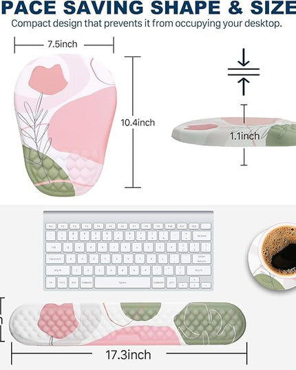 Ergonomic Mouse Pad and Keyboard Wrist Rest with Massage Design, Space-Saving Mouse Pad Wrist Support, Memory Foam Wrist Rest with Non-Slip PU Base for Computer Desk, Rose