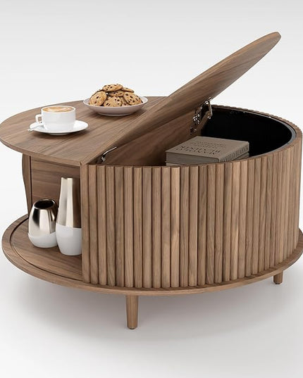 JOINICE,Round Coffee Table with Storage, 31.5" Fluted Center Table for Living Room, Modern Walnut Wood Circle Drum Table with Sliding Cabinet Door, Mid Century Furniture for Small Space