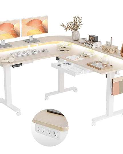 Claiks 63" L Shaped Standing Desk with Drawers and LED Lights, Height Adjustable Electric Corner Standing Desk with Monitor Stand & Power Outlet, 4 Memory Preset, Nature