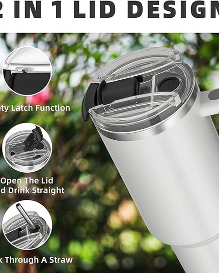 40 oz tumbler with handle and straw,Double Wall Vacuum Reusable Stainless Steel Insulated Water Bottle,With Leak Proof lid and Straw for Iced or Cold Beverages (White)